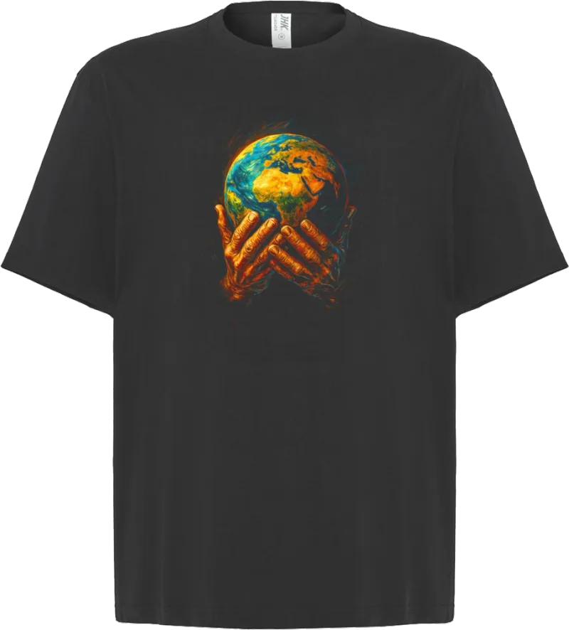 World in Hands — koszulka oversize — przód