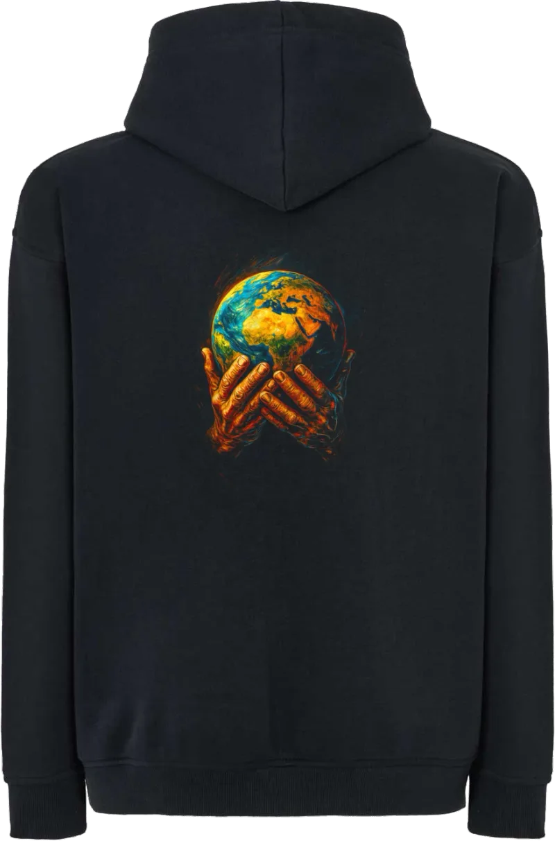World in Hands — bluza z kapturem oversize — tył